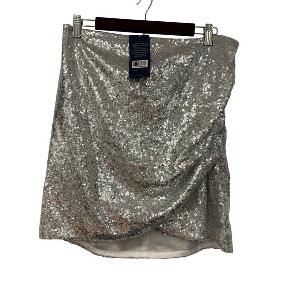 Silver Sequined Skirt Size XL Elastic Waist Bodycon Rouched Knee Length NEW - Picture 1 of 7